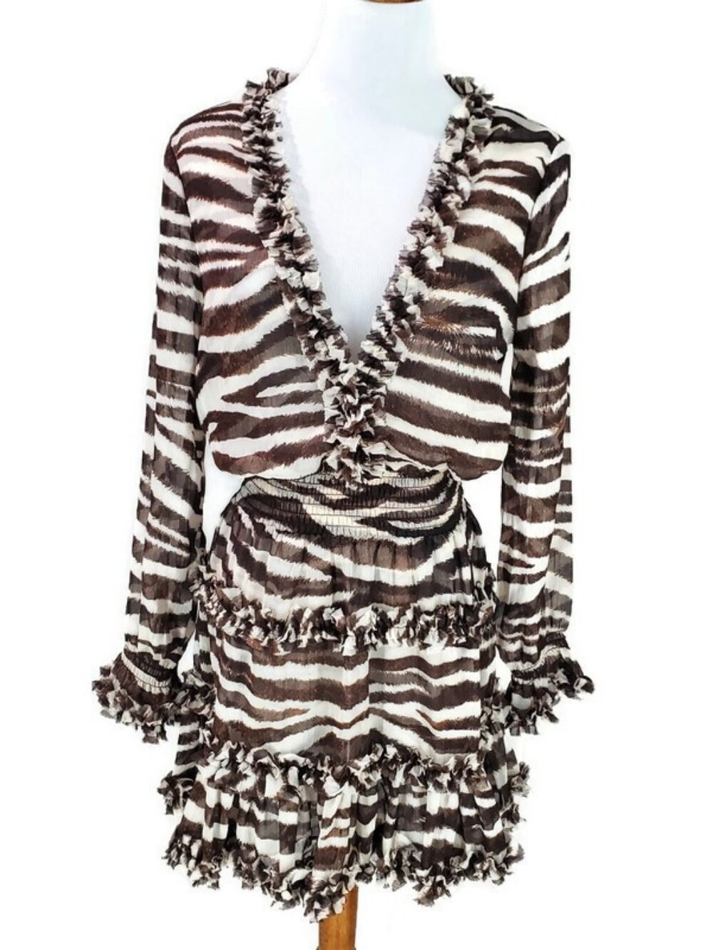 MISA animal print Zebra long sleeve ruffle sheer sexy mini dress size XS Revolve